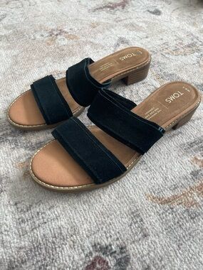 TOMS Black Suede Double-Strap Low Heel Slide Sandals | 6.5